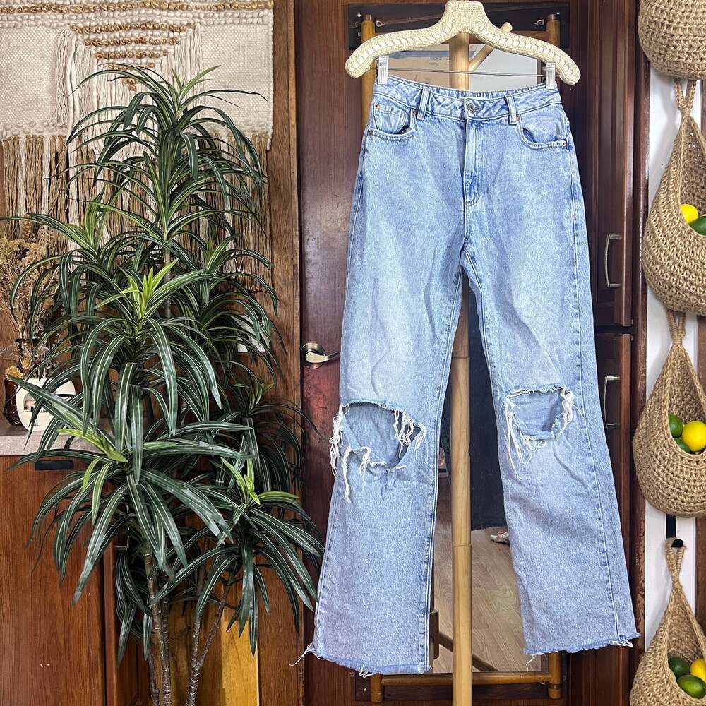 Garage Denim 90s Straight Jeans Women 25 Light Wash Distressed Raw Hem High Rise